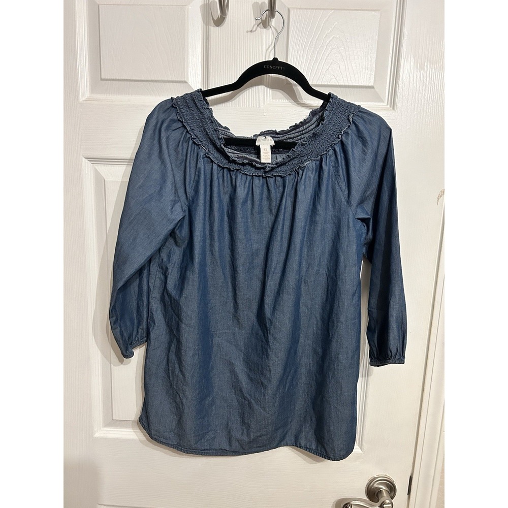Chico Size 0 Smocked Neck Off Shoulder Denim 3/4 Sleeve Casual Classic Shirt